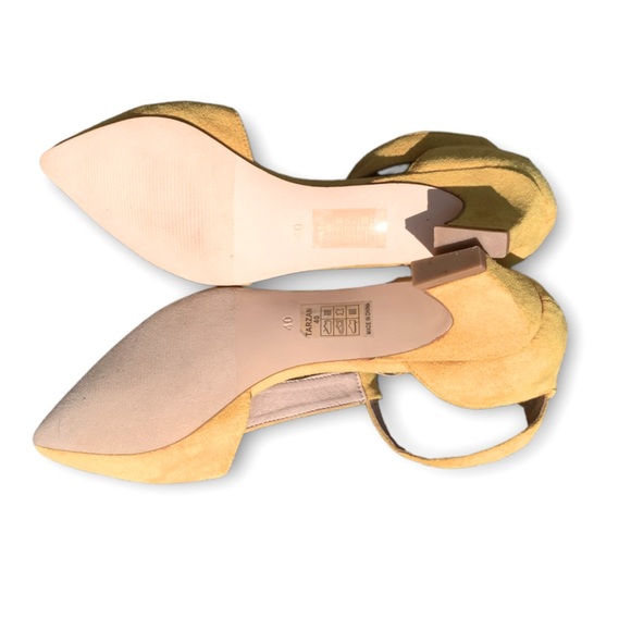 ModCloth Yellow Suede Tarzan T Strap Pointed Toe Short Heels Size 9 - Picture 6 of 9